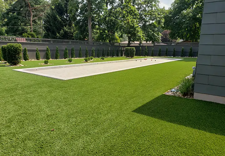 Artificial grass backyard bocce court installed by SYNLawn